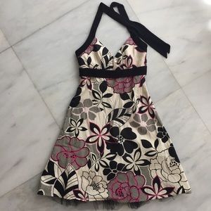 Hot pink, black and white flowered halter dress